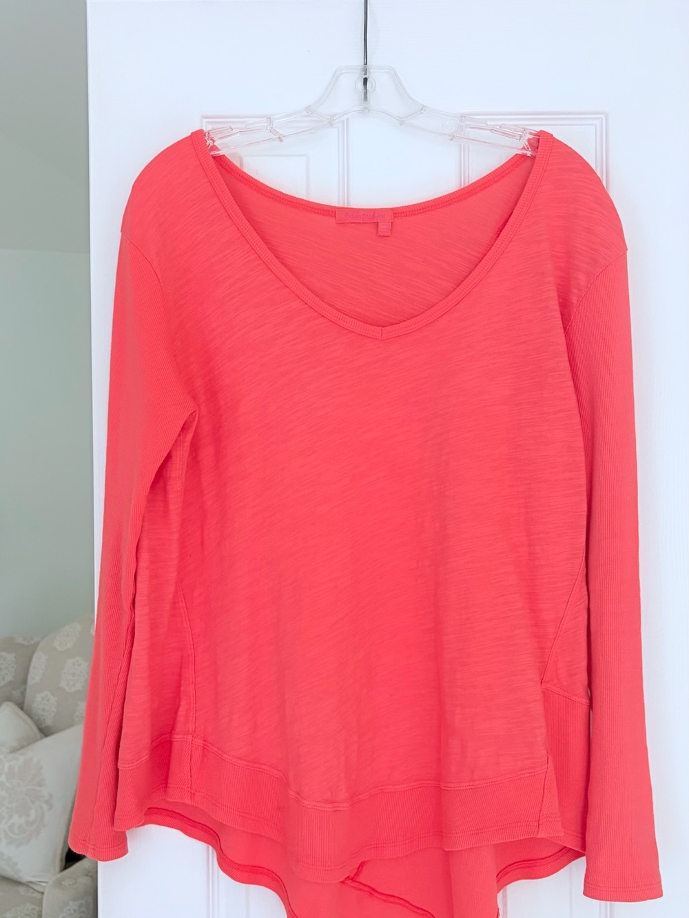 Fresh Produce Coral V Neck lightweight,long sleeve top with asymmetrical hemline